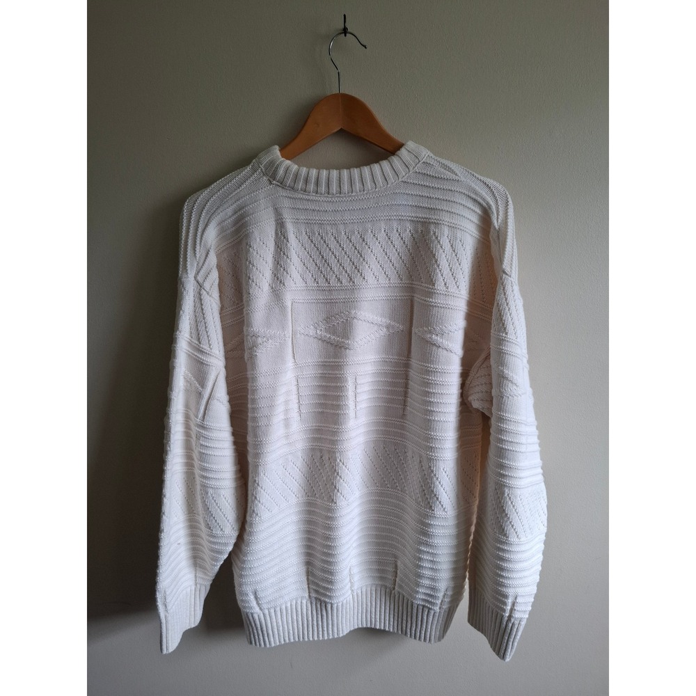 Vintage 80s Ivory Cable Knit Sweater Fisherman Preppy Cotton Made in USA Men's L